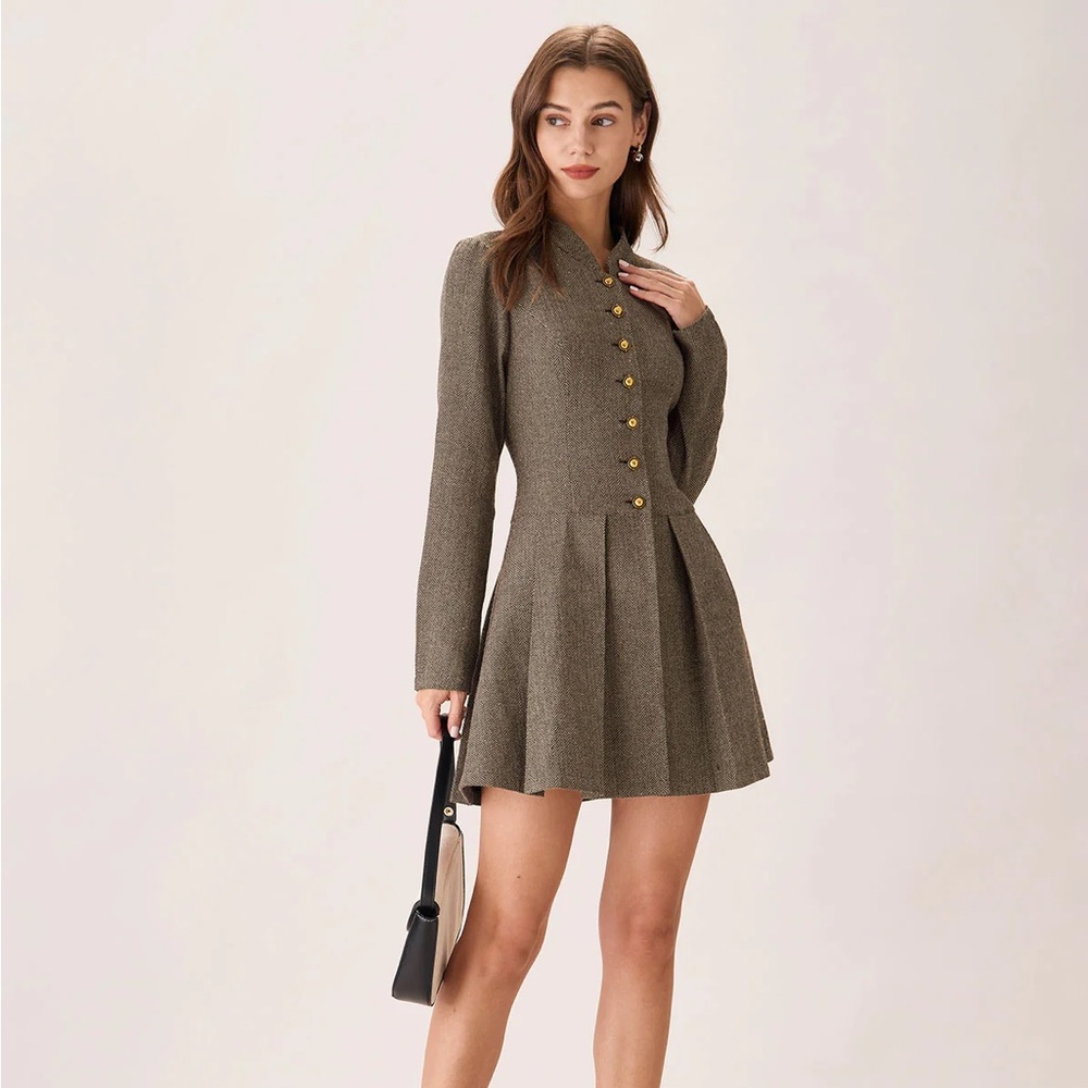 RIHOAS Brown Button Pleated Mini Dress M